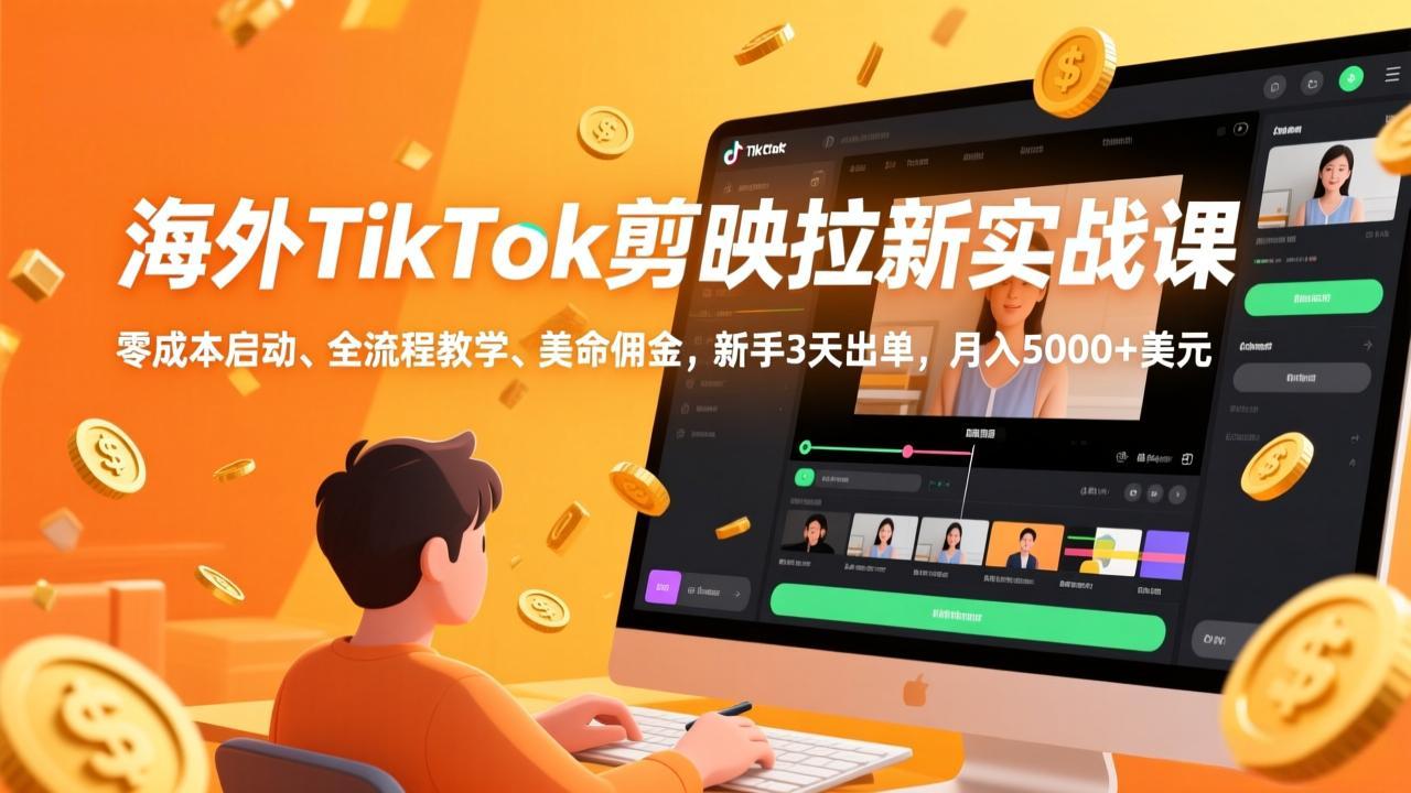 (17340期)海外TikTok剪映拉新实战课,零成本启动、全流程教学、美金佣金,新手3天出单,月入5000+美元
