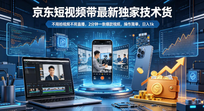 京东短视频带货最新独家技术,不用拍视频不用直播,2分钟一条爆款视频,操作简单,日入1k+