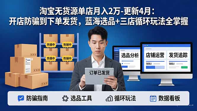(18188期)淘宝无货源5.0单店月入2万-更新4月:开店防骗到下单发货,蓝海选品+三店循环玩法全掌握