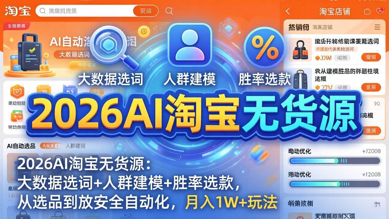 (18110期)2026AI淘宝无货源-4月19更新:大数据选词+人群建模+胜率选款,从选品到放大全自动化,月入1W+