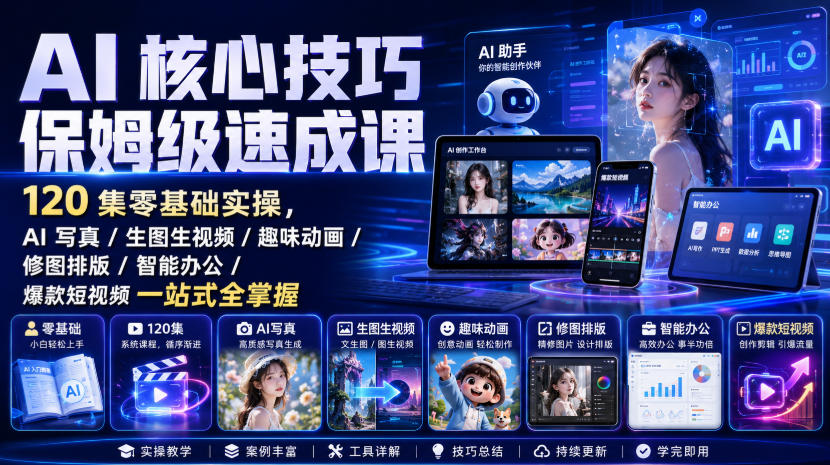 AI核心技巧保姆级速成课|120集零基础实操,AI写真/生图生视频/趣味动画/修图排版/智能办公/爆款短视频一站式全掌握